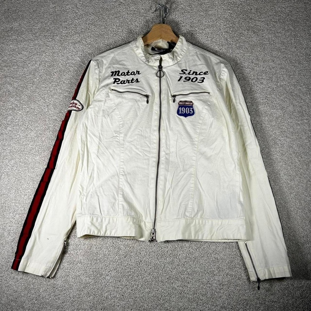 Vintage women's white Harley Davidson zip up patched moto biker jacket Large